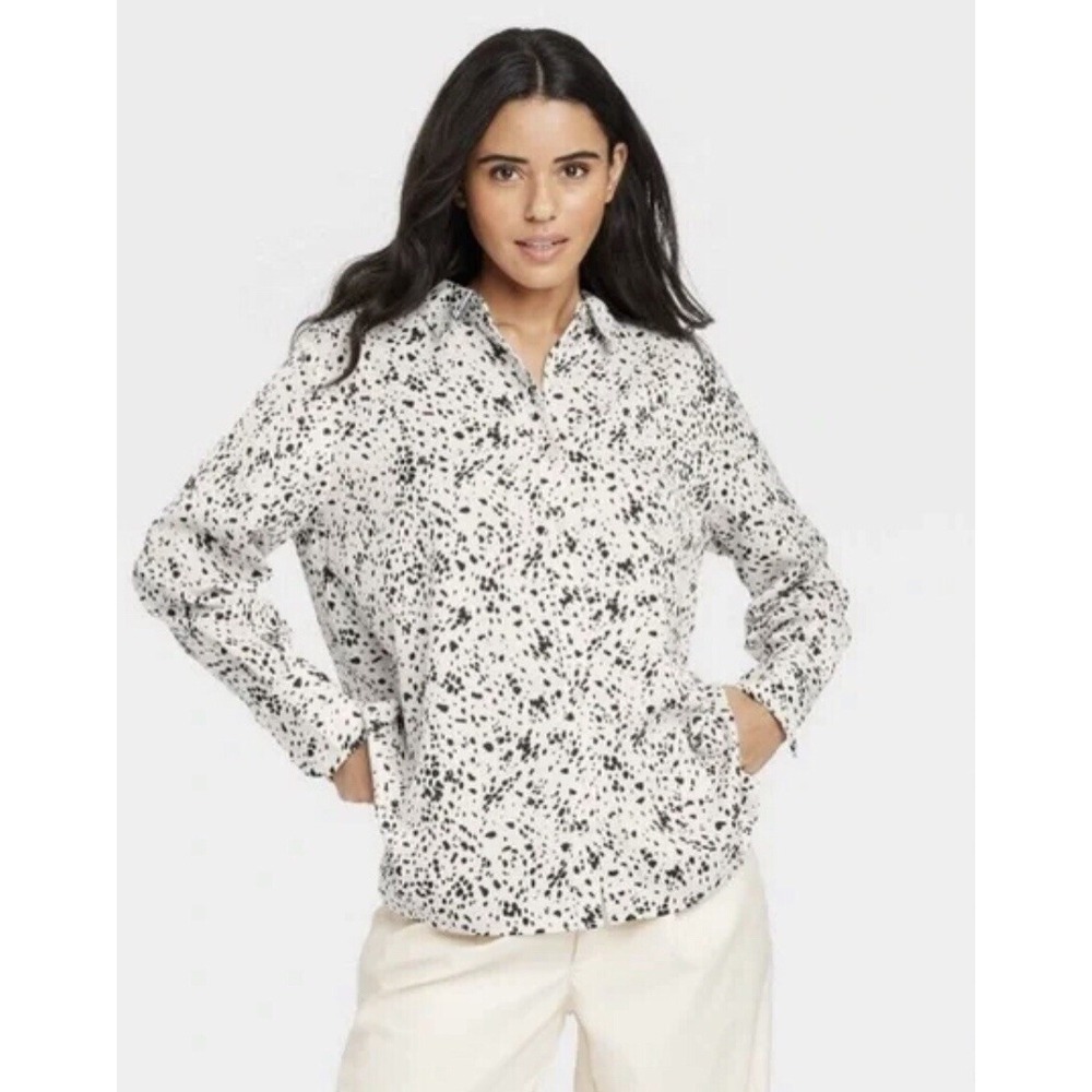 A New Day Shirt Women's S Cream Long Sleeve Satin Animal Print Blouse NEW